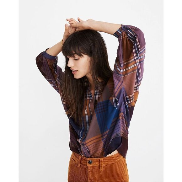 Madewell Plaid Button Down Shirt in Brown and Blue - Picture 3 of 4